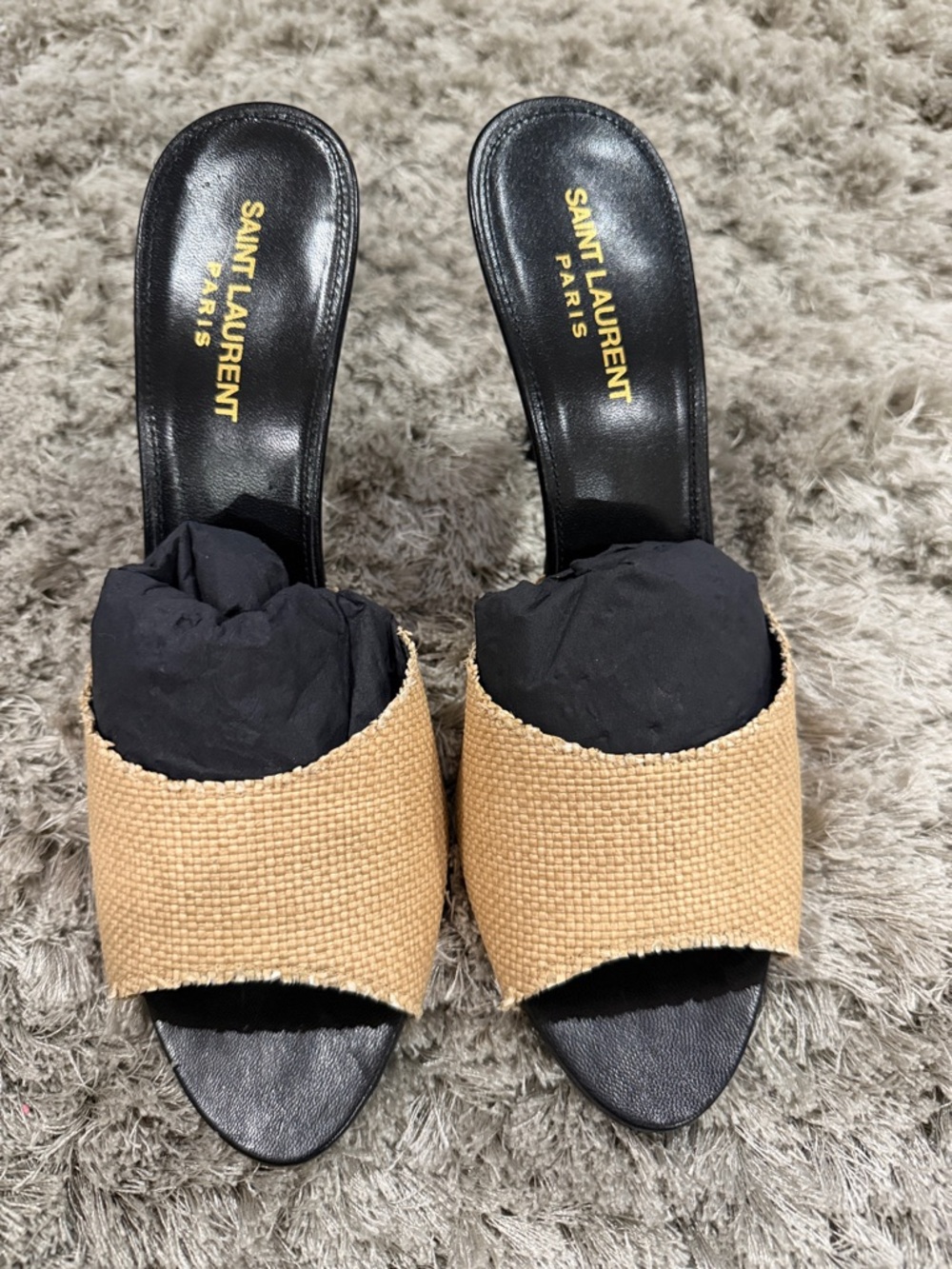 Authentic NWOT Saint Laurent Black Leather & Natural woven Raffia Open-Toe Mules